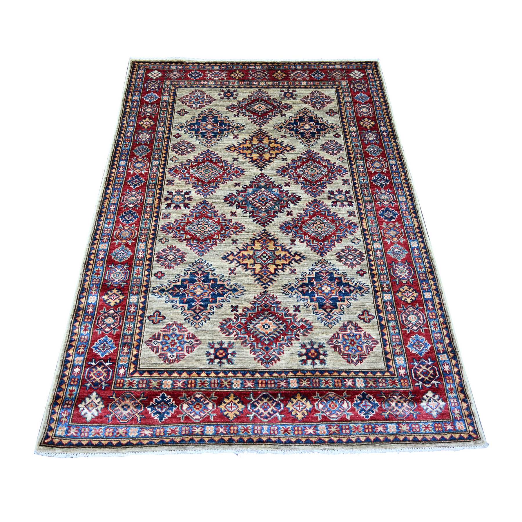 Light Green, Afghan Super Kazak with Geometric Medallions Design, Hand Knotted, Pure Wool, Vegetable Dyes, Oriental Rug